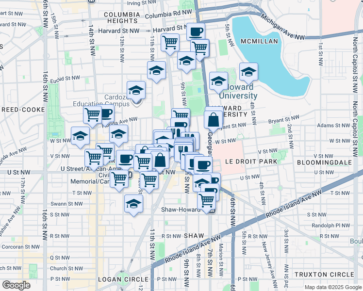 map of restaurants, bars, coffee shops, grocery stores, and more near 929 Florida Avenue Northwest in Washington