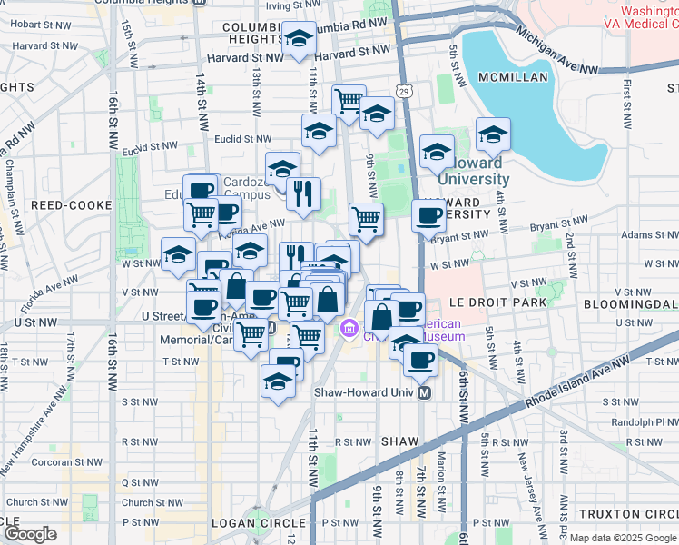 map of restaurants, bars, coffee shops, grocery stores, and more near 2123 10th Street Northwest in Washington