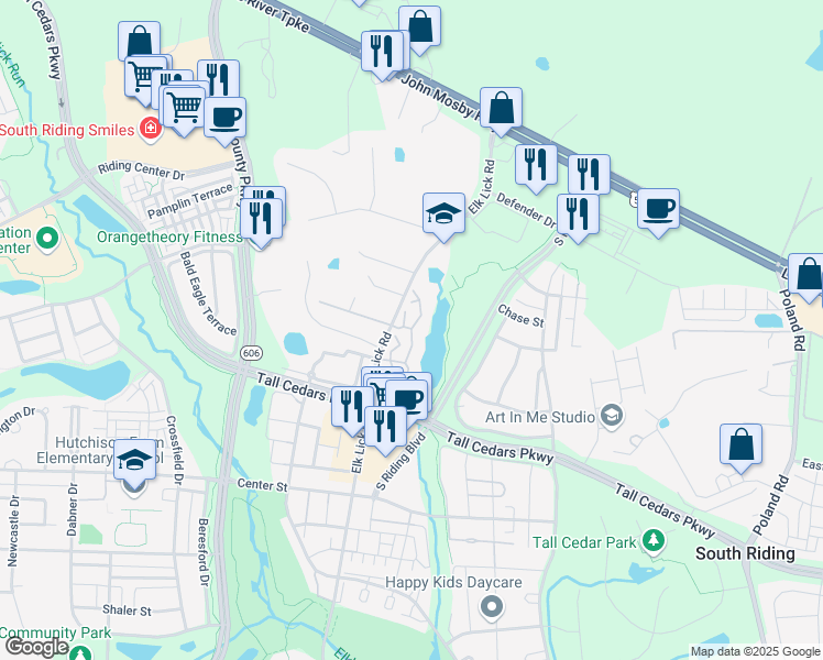 map of restaurants, bars, coffee shops, grocery stores, and more near 25270 Lake Shore Square in Chantilly
