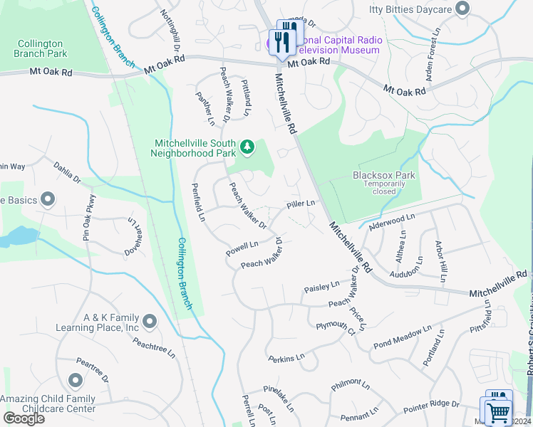 map of restaurants, bars, coffee shops, grocery stores, and more near 15744 Piller Lane in Bowie