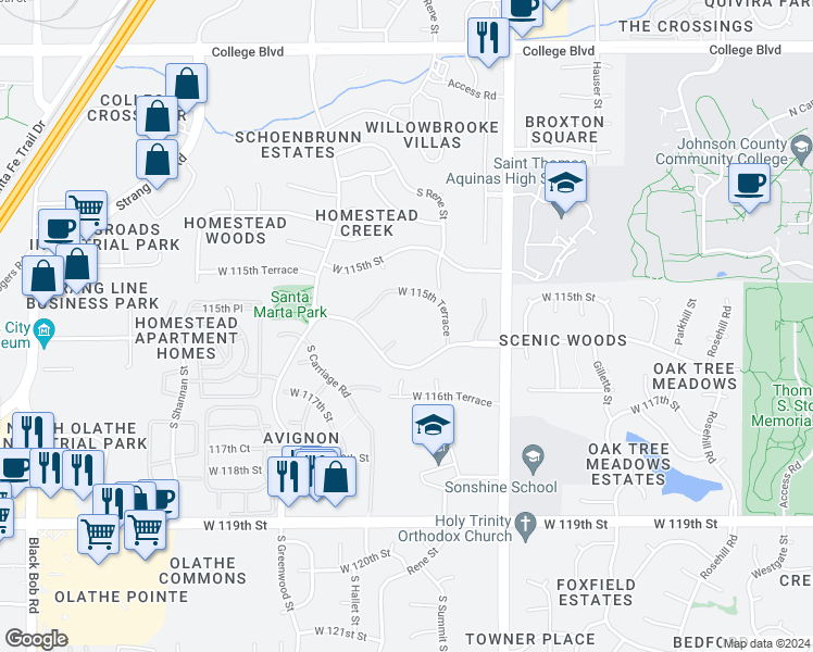 map of restaurants, bars, coffee shops, grocery stores, and more near 13800 West 116th Street in Olathe