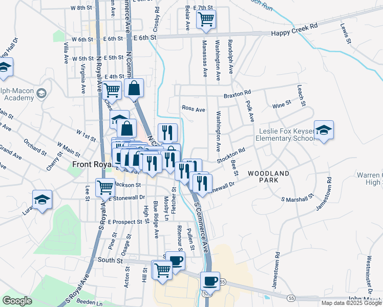 map of restaurants, bars, coffee shops, grocery stores, and more near Hamilton Circle in Front Royal