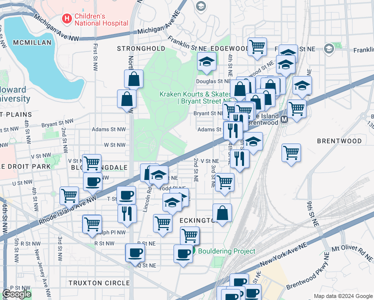 map of restaurants, bars, coffee shops, grocery stores, and more near 150 Rhode Island Avenue Northeast in Washington
