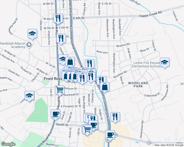 map of restaurants, bars, coffee shops, grocery stores, and more near 553 Manassas Street in Front Royal
