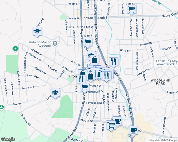 map of restaurants, bars, coffee shops, grocery stores, and more near 33 Peyton Street in Front Royal