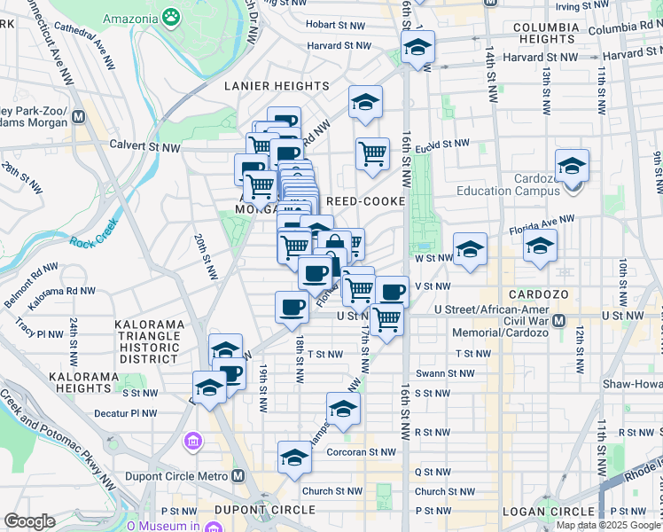 map of restaurants, bars, coffee shops, grocery stores, and more near 2119 Champlain Street Northwest in Washington