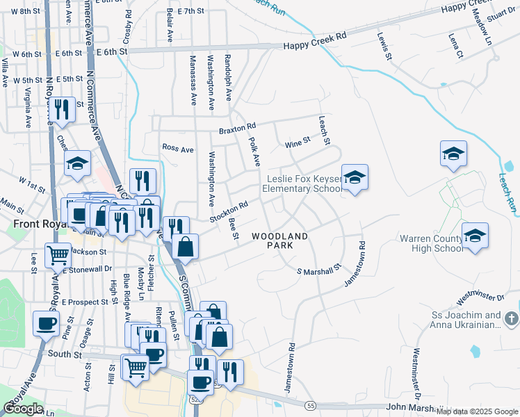 map of restaurants, bars, coffee shops, grocery stores, and more near 34 North Marshall Street in Front Royal