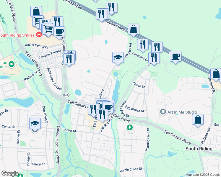 map of restaurants, bars, coffee shops, grocery stores, and more near 25280 Lake Shore Square in Chantilly