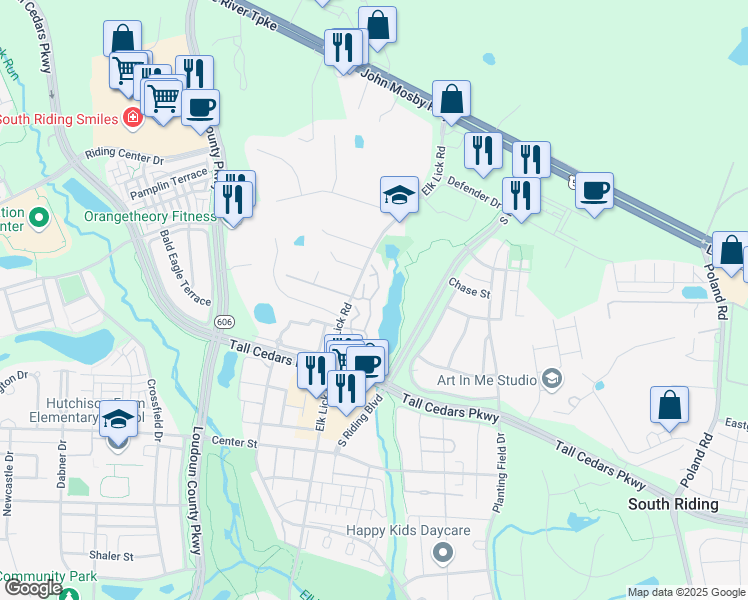 map of restaurants, bars, coffee shops, grocery stores, and more near 25260 Lake Shore Square in Chantilly