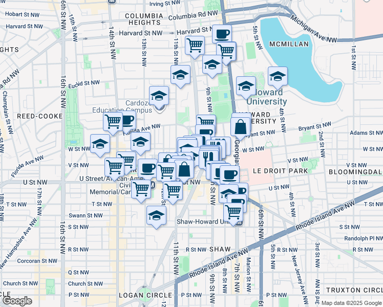 map of restaurants, bars, coffee shops, grocery stores, and more near 2123 10th Street Northwest in Washington