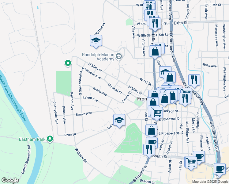 map of restaurants, bars, coffee shops, grocery stores, and more near 244 Orchard Street in Front Royal