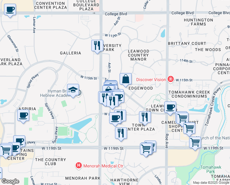 map of restaurants, bars, coffee shops, grocery stores, and more near 11501 Ash Street in Leawood