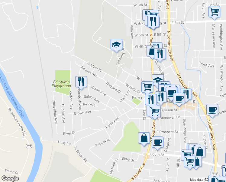 map of restaurants, bars, coffee shops, grocery stores, and more near 244 Orchard Street in Front Royal