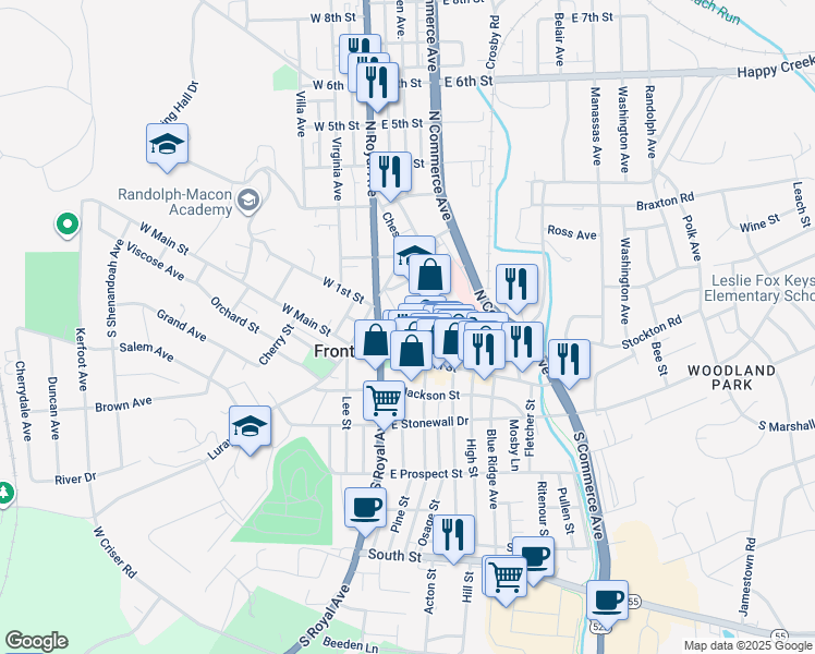 map of restaurants, bars, coffee shops, grocery stores, and more near 33 Peyton Street in Front Royal