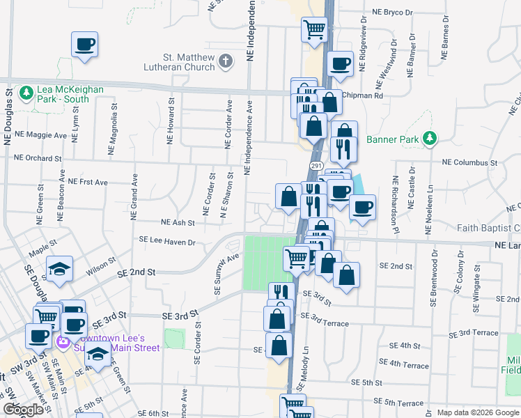 map of restaurants, bars, coffee shops, grocery stores, and more near 217 Northeast Independence Avenue in Lee's Summit