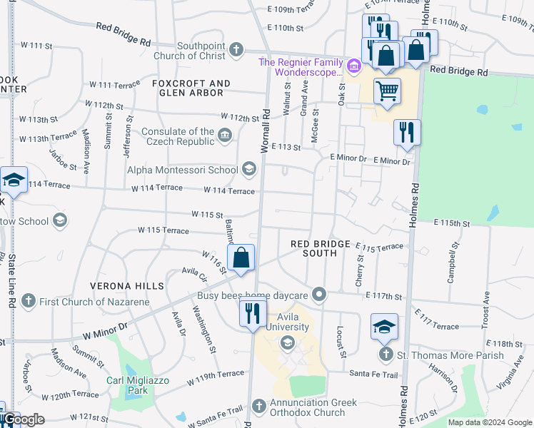 map of restaurants, bars, coffee shops, grocery stores, and more near 11501 Wornall Road in Kansas City