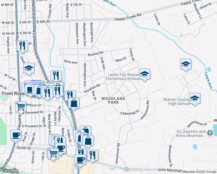 map of restaurants, bars, coffee shops, grocery stores, and more near 31 North Marshall Street in Front Royal
