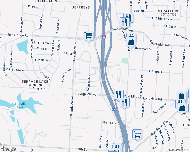 map of restaurants, bars, coffee shops, grocery stores, and more near 11315 Colorado Avenue in Kansas City
