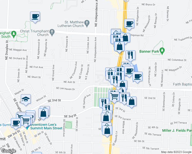 map of restaurants, bars, coffee shops, grocery stores, and more near 215 Northeast Independence Avenue in Lee's Summit