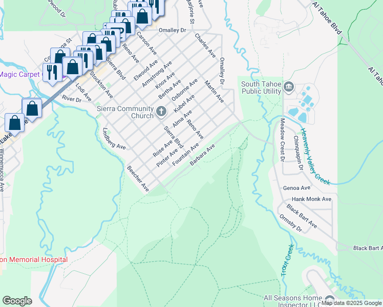 map of restaurants, bars, coffee shops, grocery stores, and more near 1251 Sierra Boulevard in South Lake Tahoe