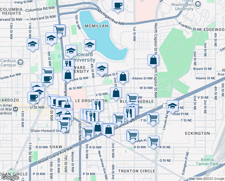 map of restaurants, bars, coffee shops, grocery stores, and more near 205 V Street Northwest in Washington