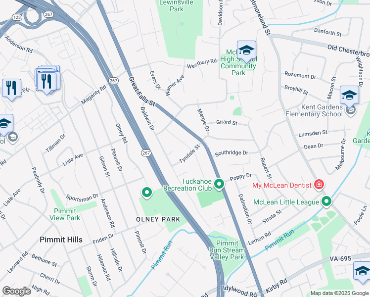 map of restaurants, bars, coffee shops, grocery stores, and more near 1738 Susquehannock Drive in McLean
