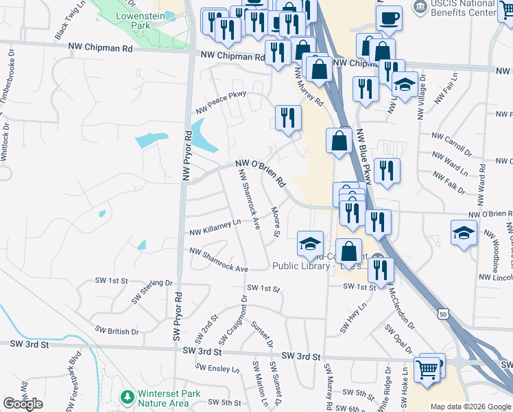 map of restaurants, bars, coffee shops, grocery stores, and more near 307 Northwest Shamrock Avenue in Lee's Summit