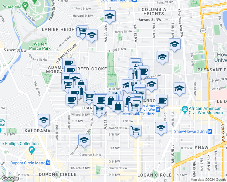 map of restaurants, bars, coffee shops, grocery stores, and more near 2112 New Hampshire Avenue Northwest in Washington
