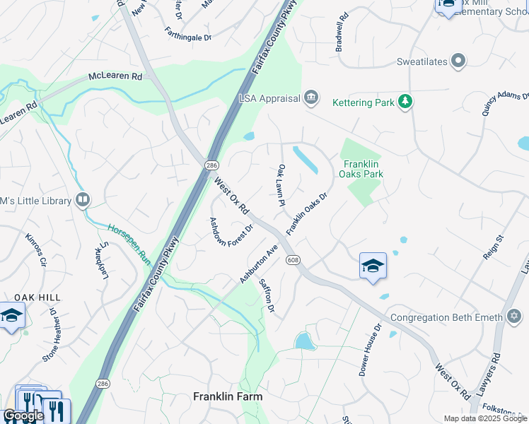 map of restaurants, bars, coffee shops, grocery stores, and more near 2933 West Ox Road in Herndon