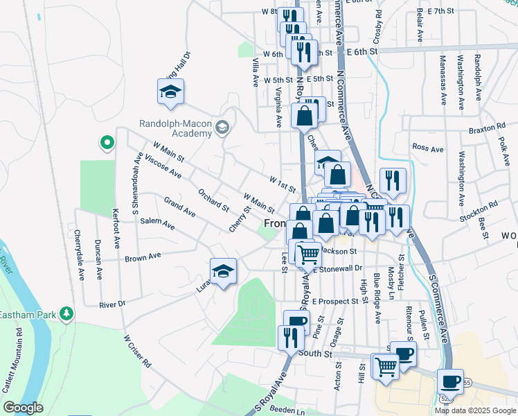 map of restaurants, bars, coffee shops, grocery stores, and more near 140 West Main Street in Front Royal