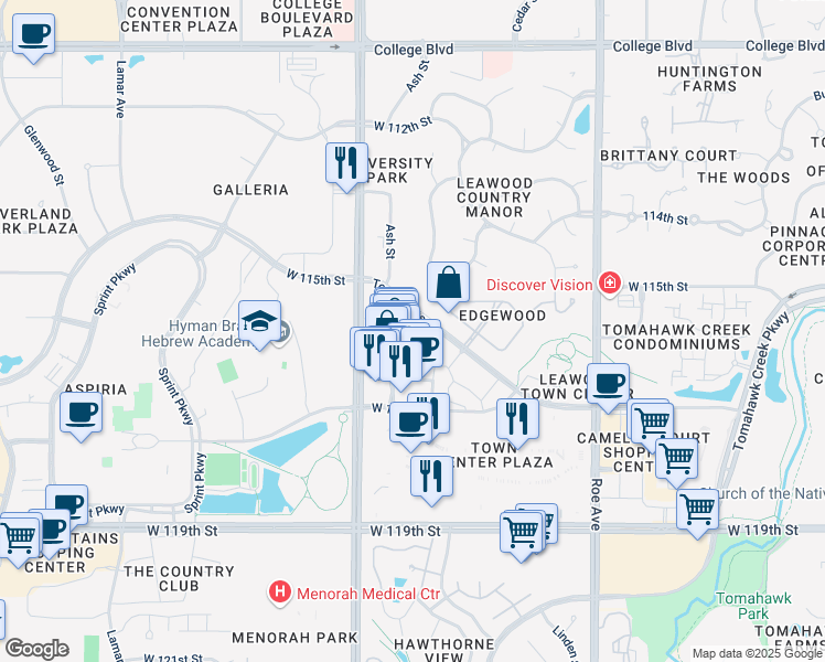 map of restaurants, bars, coffee shops, grocery stores, and more near 11501 Ash Street in Leawood