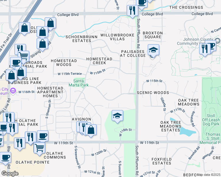 map of restaurants, bars, coffee shops, grocery stores, and more near 13800 West 116th Street in Olathe