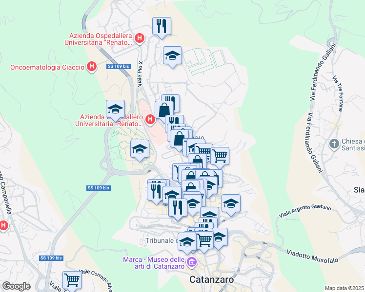 map of restaurants, bars, coffee shops, grocery stores, and more near 2-10 Via Acquedotto Greco in Catanzaro