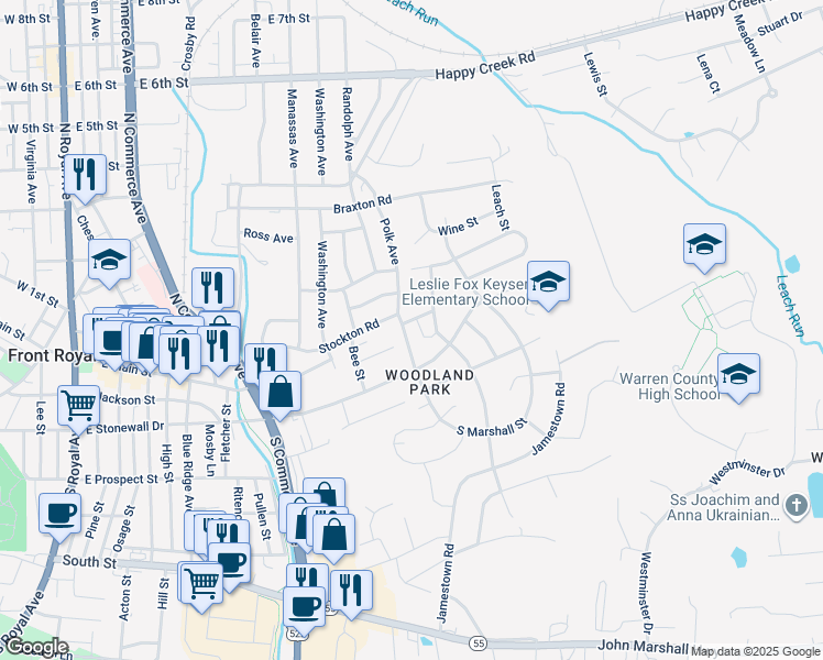 map of restaurants, bars, coffee shops, grocery stores, and more near 31 North Marshall Street in Front Royal