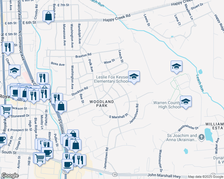 map of restaurants, bars, coffee shops, grocery stores, and more near 4 Morain Street in Front Royal