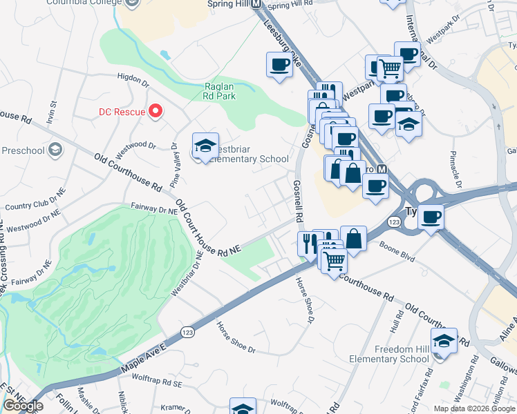 map of restaurants, bars, coffee shops, grocery stores, and more near 1877 Amberwood Manor Court in Vienna