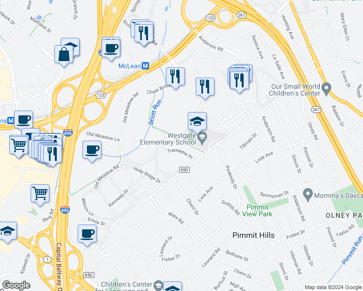 map of restaurants, bars, coffee shops, grocery stores, and more near 7640 Tremayne Place in McLean