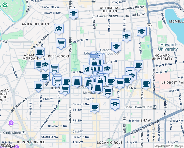 map of restaurants, bars, coffee shops, grocery stores, and more near 1418 W Street Northwest in Washington