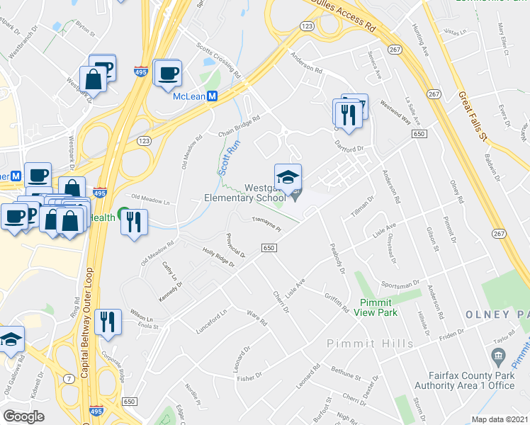 map of restaurants, bars, coffee shops, grocery stores, and more near 7640 Tremayne Place in McLean