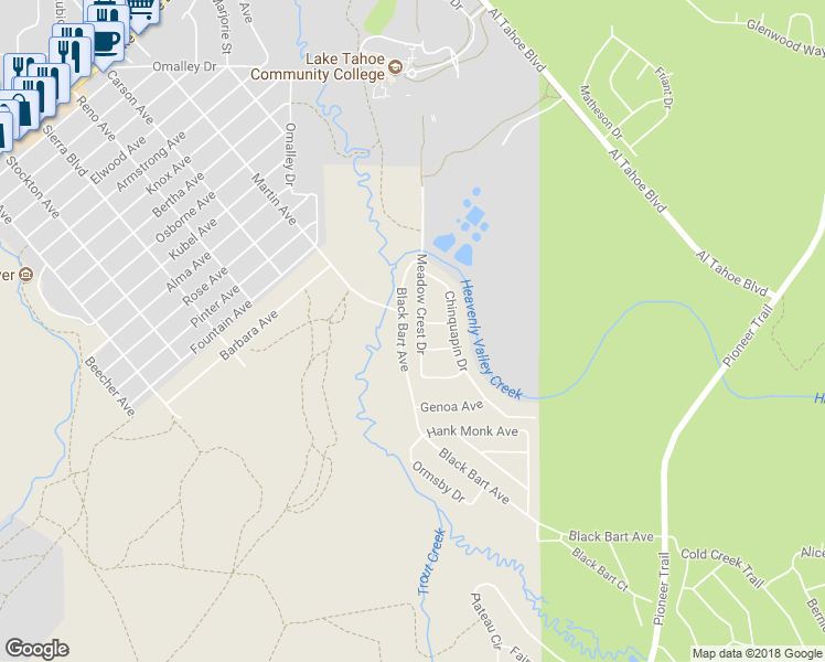 map of restaurants, bars, coffee shops, grocery stores, and more near 1364 Meadow Crest Drive in South Lake Tahoe