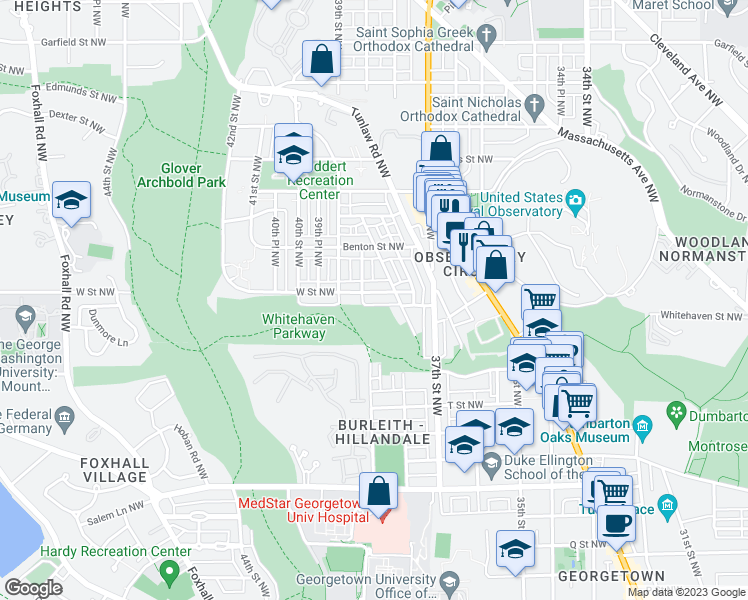 map of restaurants, bars, coffee shops, grocery stores, and more near 3762 W Street Northwest in Washington