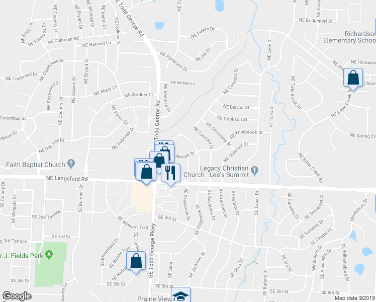 map of restaurants, bars, coffee shops, grocery stores, and more near 1908 Northeast Knollbrook Street in Lee's Summit
