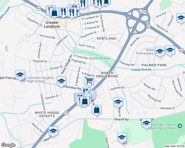 map of restaurants, bars, coffee shops, grocery stores, and more near 7206 East Ridge Drive in Greater Landover