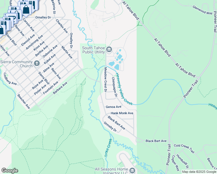 map of restaurants, bars, coffee shops, grocery stores, and more near 1364 Meadow Crest Drive in South Lake Tahoe