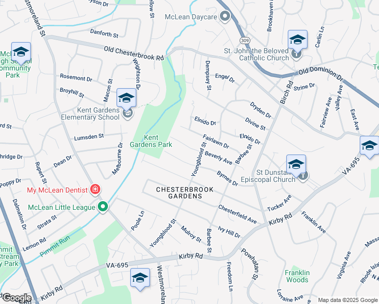 map of restaurants, bars, coffee shops, grocery stores, and more near 6605 Beverly Avenue in McLean