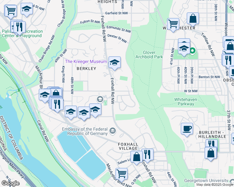 map of restaurants, bars, coffee shops, grocery stores, and more near 4414 W Street Northwest in Washington