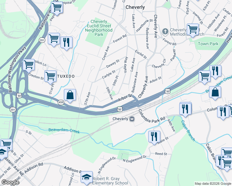 map of restaurants, bars, coffee shops, grocery stores, and more near 5904 Beecher Street in Prince George's County
