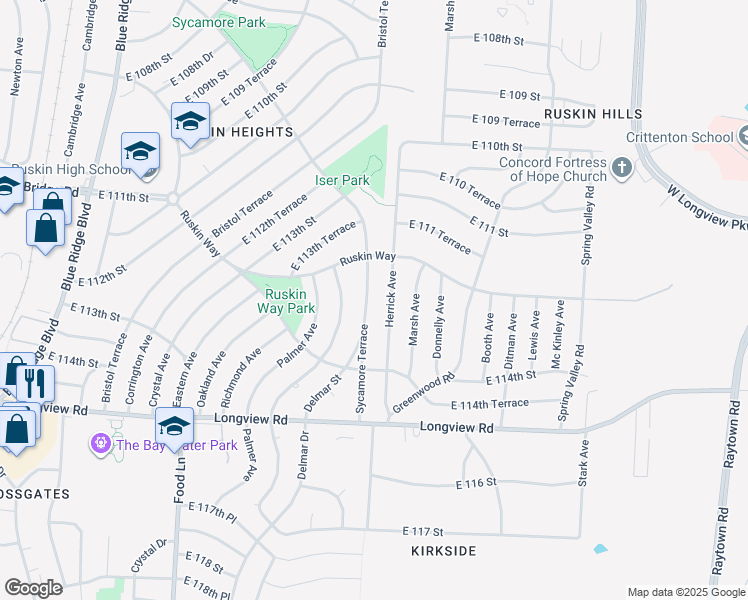 map of restaurants, bars, coffee shops, grocery stores, and more near 11343 Sycamore Terrace in Kansas City