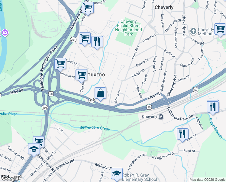 map of restaurants, bars, coffee shops, grocery stores, and more near 5584 Tuxedo Road in Hyattsville