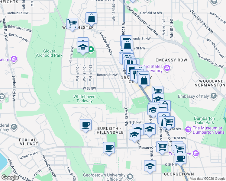 map of restaurants, bars, coffee shops, grocery stores, and more near 3736 W Street Northwest in Washington